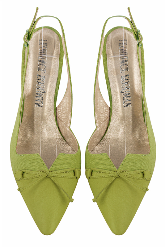 Pistachio green women's open back shoes, with a knot. Tapered toe. High slim heel. Top view - Florence KOOIJMAN